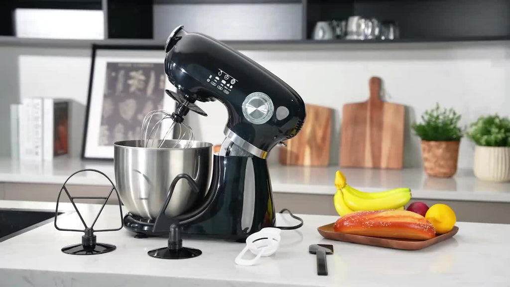4-in-1 Electric Vertical Mixer, with A Power Of 350 Watts, 12-speed with Pulse Button. Accessories Include 5.5-gallon Stainless Steel Bowl, Mixing Paddle, Dough Hook, Whisk, And A Powerful Baking Mixer Suitable for Cake, Bread, And Dough Preparation.