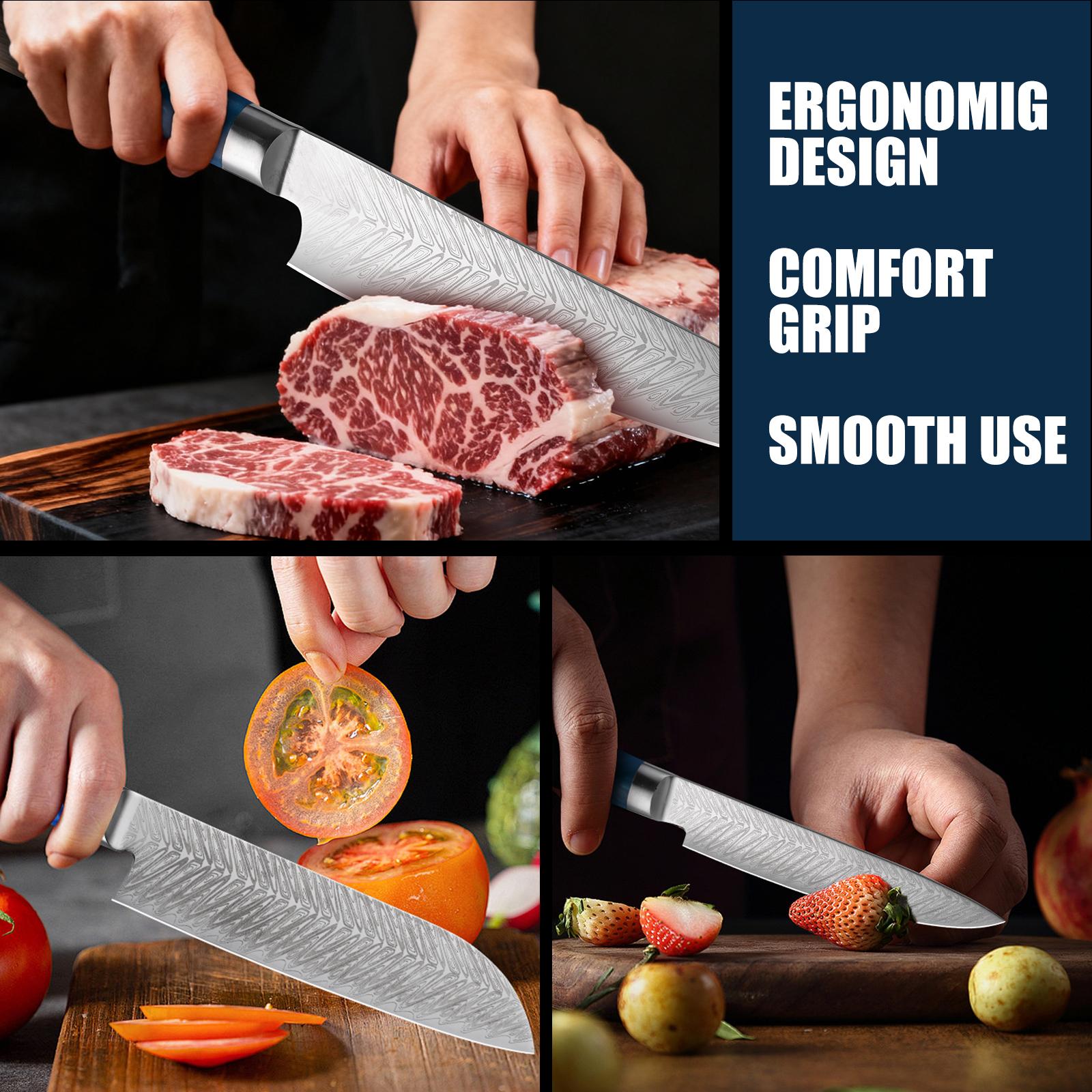 A Premium Stainless Steel Chef'S Knife Designed for Professionals, Featuring an Ergonomic Resin Grip And a Stylish Two-Tone Handle with a Patterned Blade, Ideal for Use in Kitchens, Restaurants, Hotels