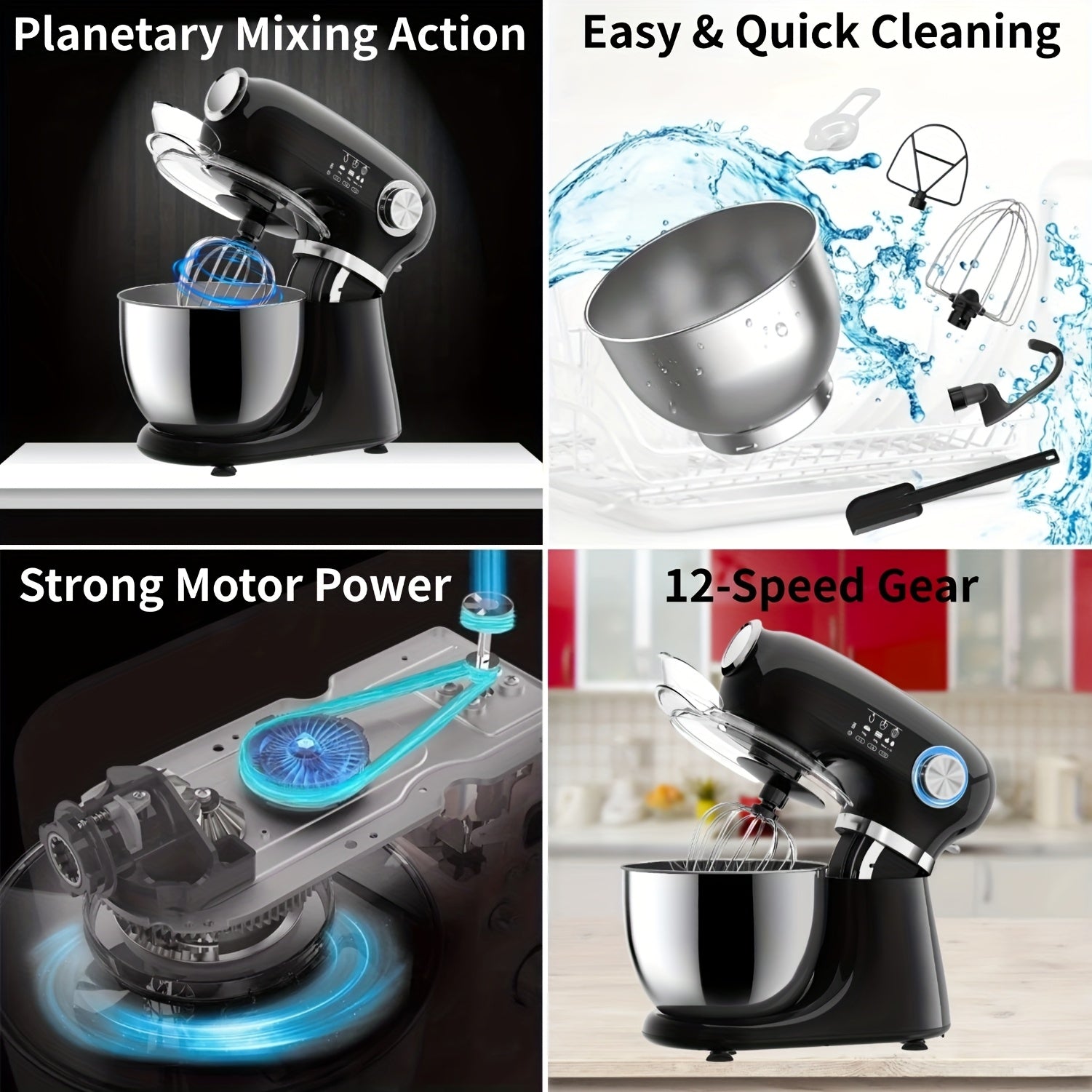 4-in-1 Electric Vertical Mixer, with A Power Of 350 Watts, 12-speed with Pulse Button. Accessories Include 5.5-gallon Stainless Steel Bowl, Mixing Paddle, Dough Hook, Whisk, And A Powerful Baking Mixer Suitable for Cake, Bread, And Dough Preparation.