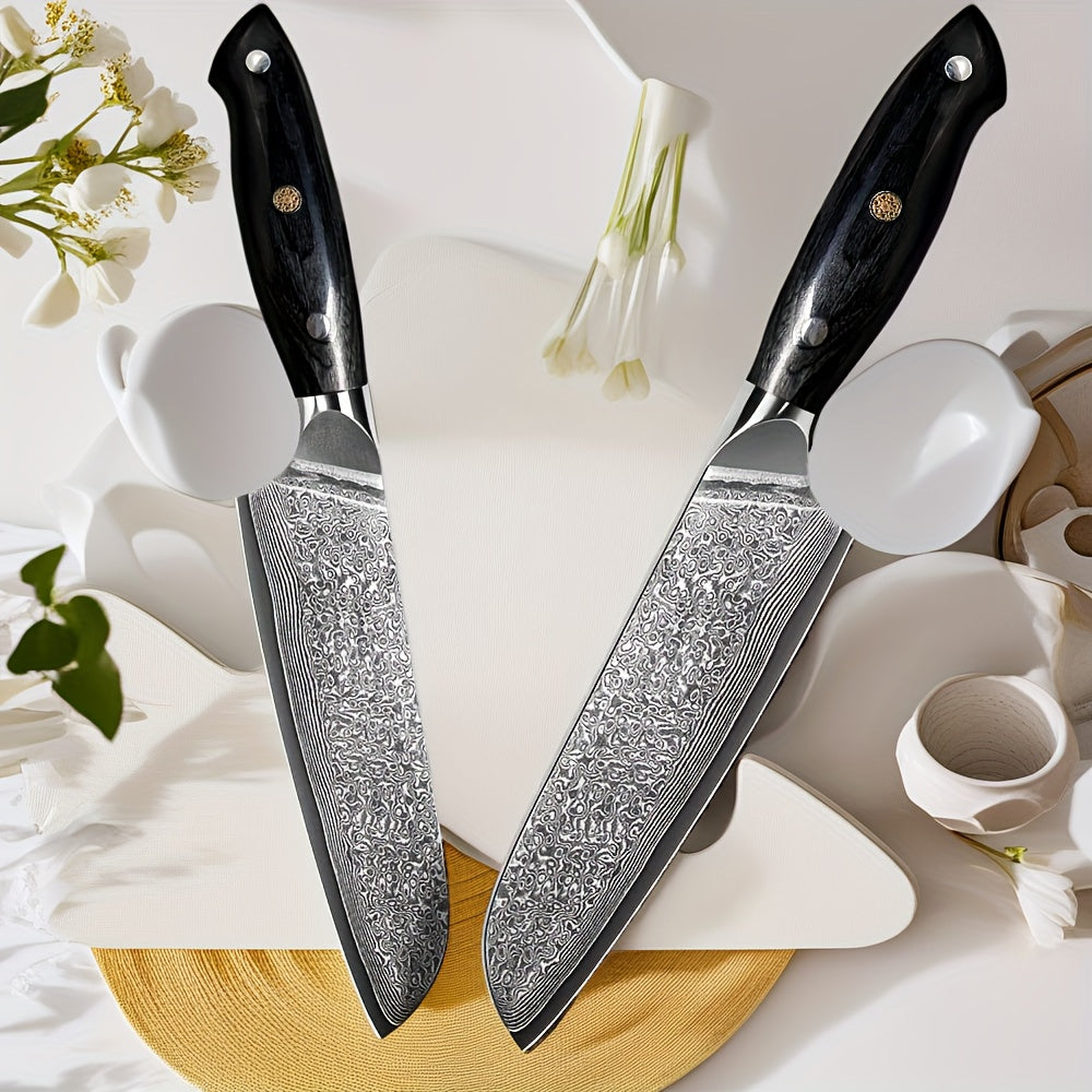A Versatile Hand-Washable G18 Damascus Santoku Knife with a Black Steel Handle on The 67Th Floor, Suitable for Professional And Amateur Kitchen Use.