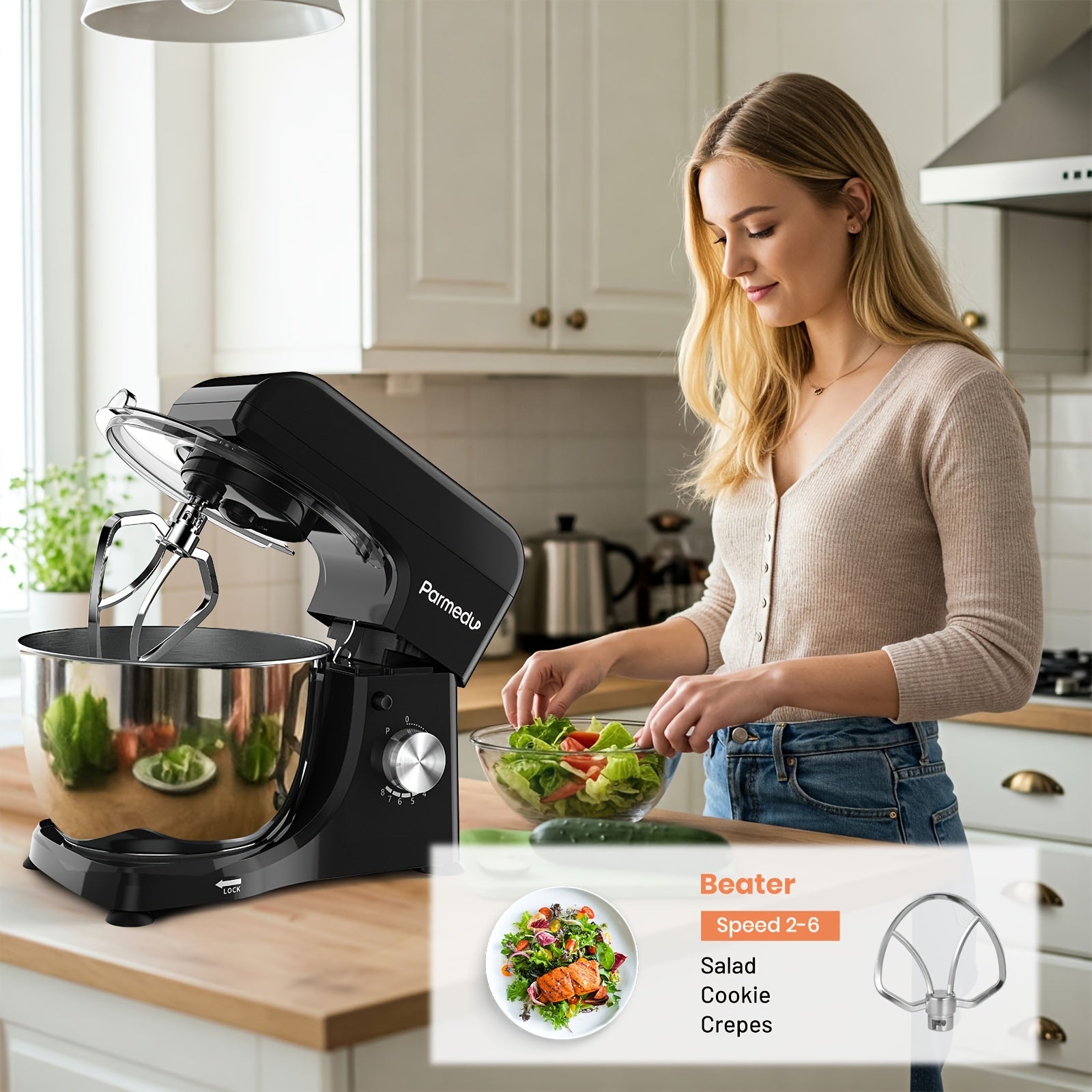 4.76qt Kitchen Machine - Mixer For Baking, Tilt-Head Stand Mixer, 380W, 8 Speeds, With Lid, Whisk, Dough Hook, And Flat Beater | Kitchen Helper For, Delicious Food, Milkshakes, Dough, Egg Beaters, And Salads