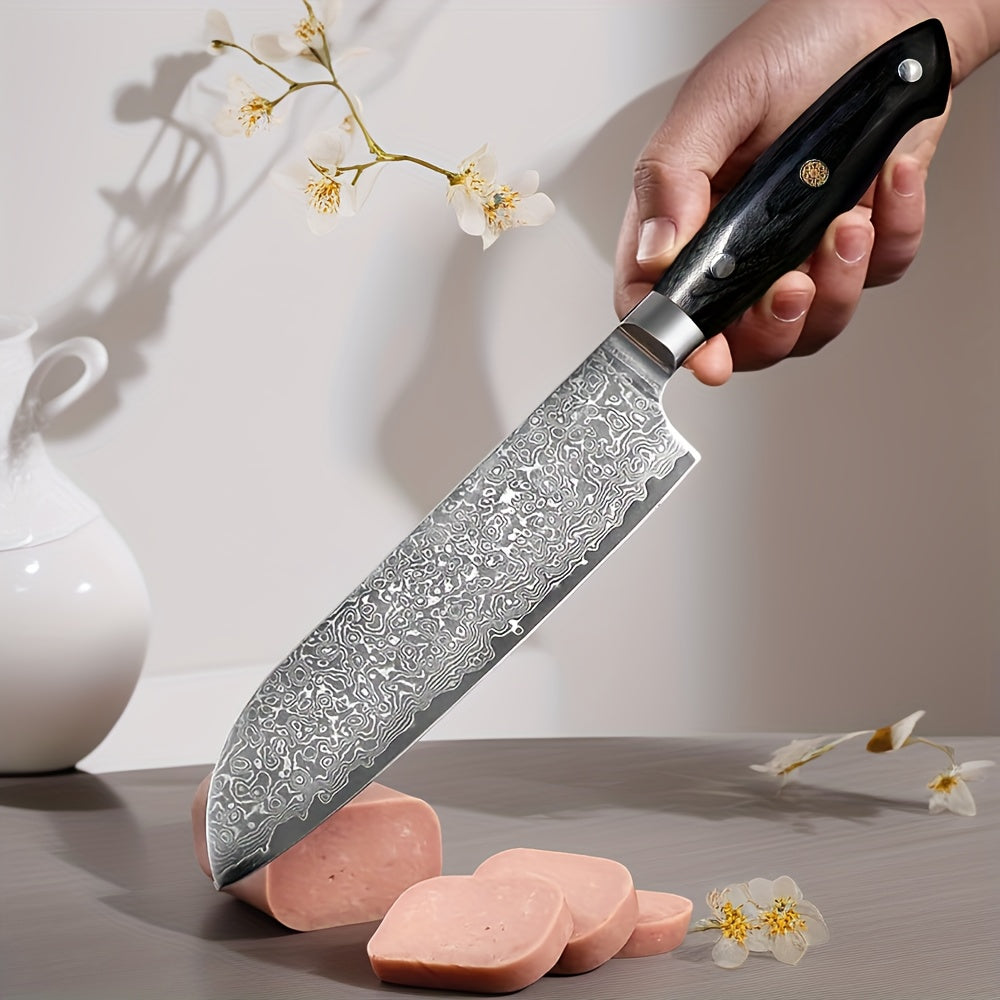 A Versatile Hand-Washable G18 Damascus Santoku Knife with a Black Steel Handle on The 67Th Floor, Suitable for Professional And Amateur Kitchen Use.