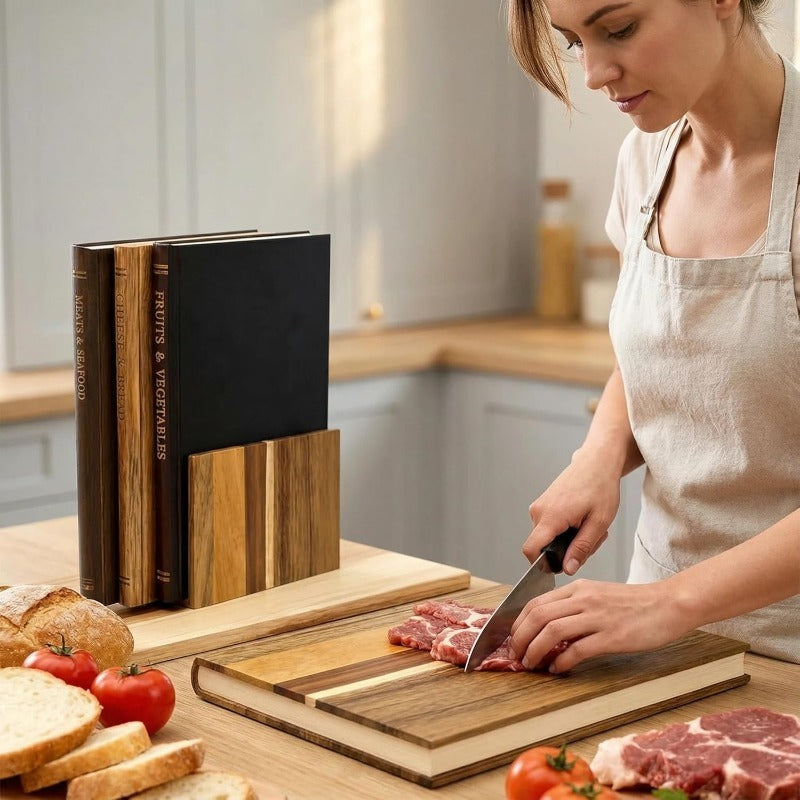 Book Shape Creative Cutting Board | Wooden Cutting Board Set with Stand, Ideal for Kitchen Preparation of Vegetables, Bread, Meat - Easy to Clean and Easy to Use, Contact Safe