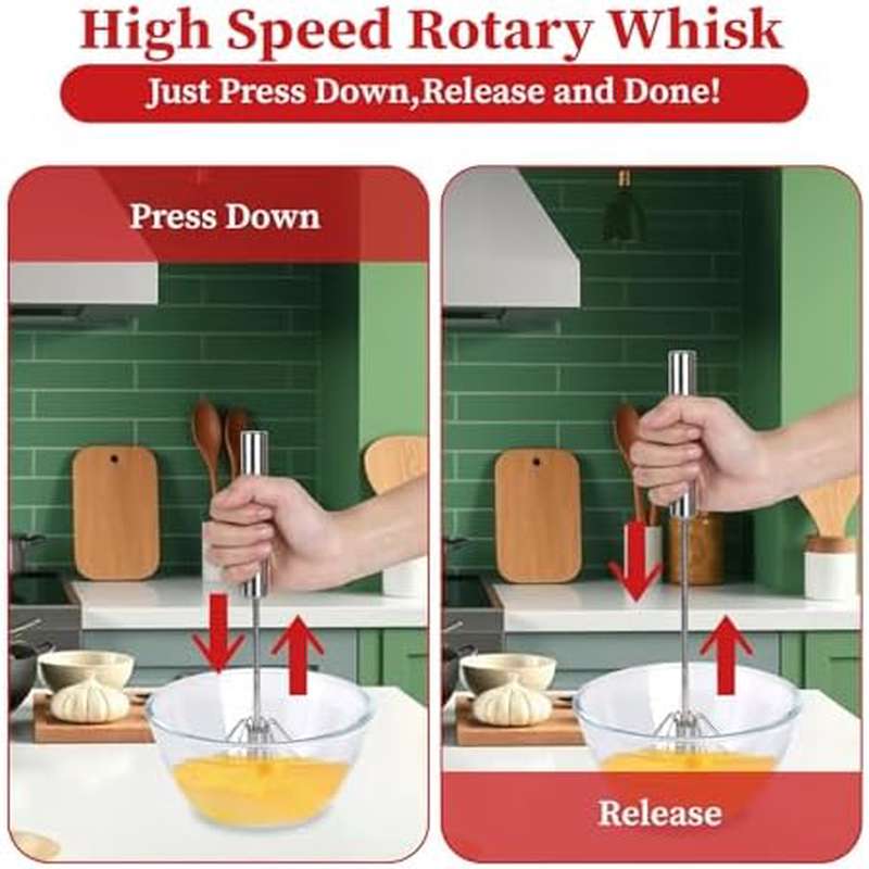 3pcs Semi Automatic Egg Whisk, Rotary Hand Push Whisk, Stainless Steel Egg Beater, Versatile Egg Mixer with Yolk Separator for Cream Making Milk Frothering Smoothies Whipping, 10 12 14 Inches Set