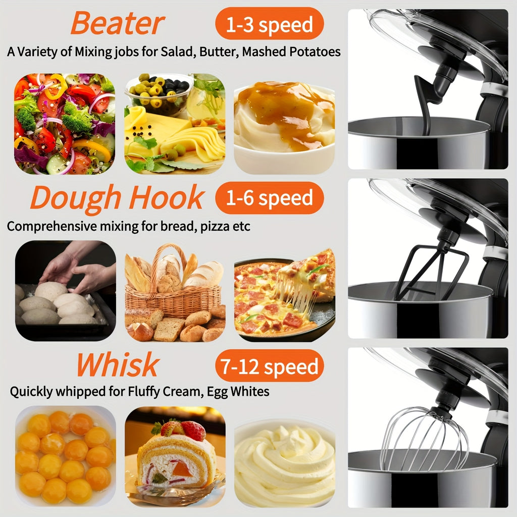 4-in-1 Electric Vertical Mixer, with A Power Of 350 Watts, 12-speed with Pulse Button. Accessories Include 5.5-gallon Stainless Steel Bowl, Mixing Paddle, Dough Hook, Whisk, And A Powerful Baking Mixer Suitable for Cake, Bread, And Dough Preparation.