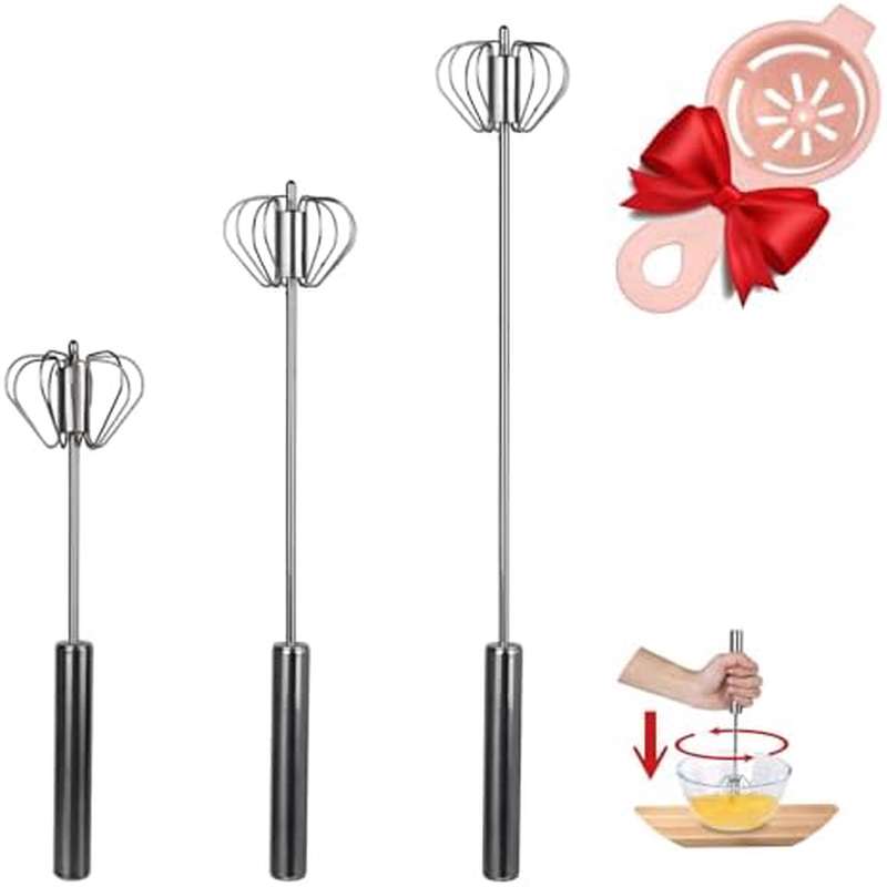 3pcs Semi Automatic Egg Whisk, Rotary Hand Push Whisk, Stainless Steel Egg Beater, Versatile Egg Mixer with Yolk Separator for Cream Making Milk Frothering Smoothies Whipping, 10 12 14 Inches Set