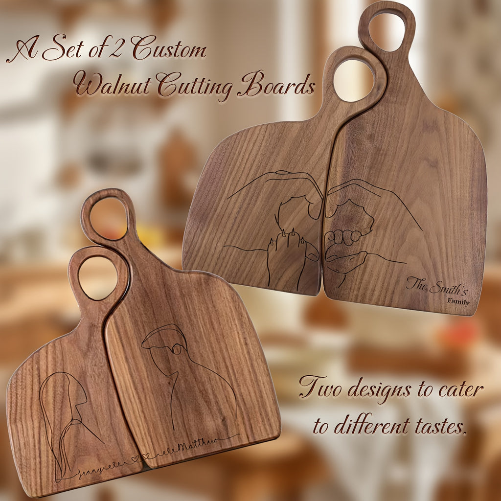 Custom Engraved Walnut Couple Charcuteries Board - Personalized Family Cutting Board - Set of 2pcs Cheese Board with Handle, Serving Food, Fruit - Suitable for Anniversary Gifts, Birthday Gifts, Family Exclusive Gifts, Perfect for Couple