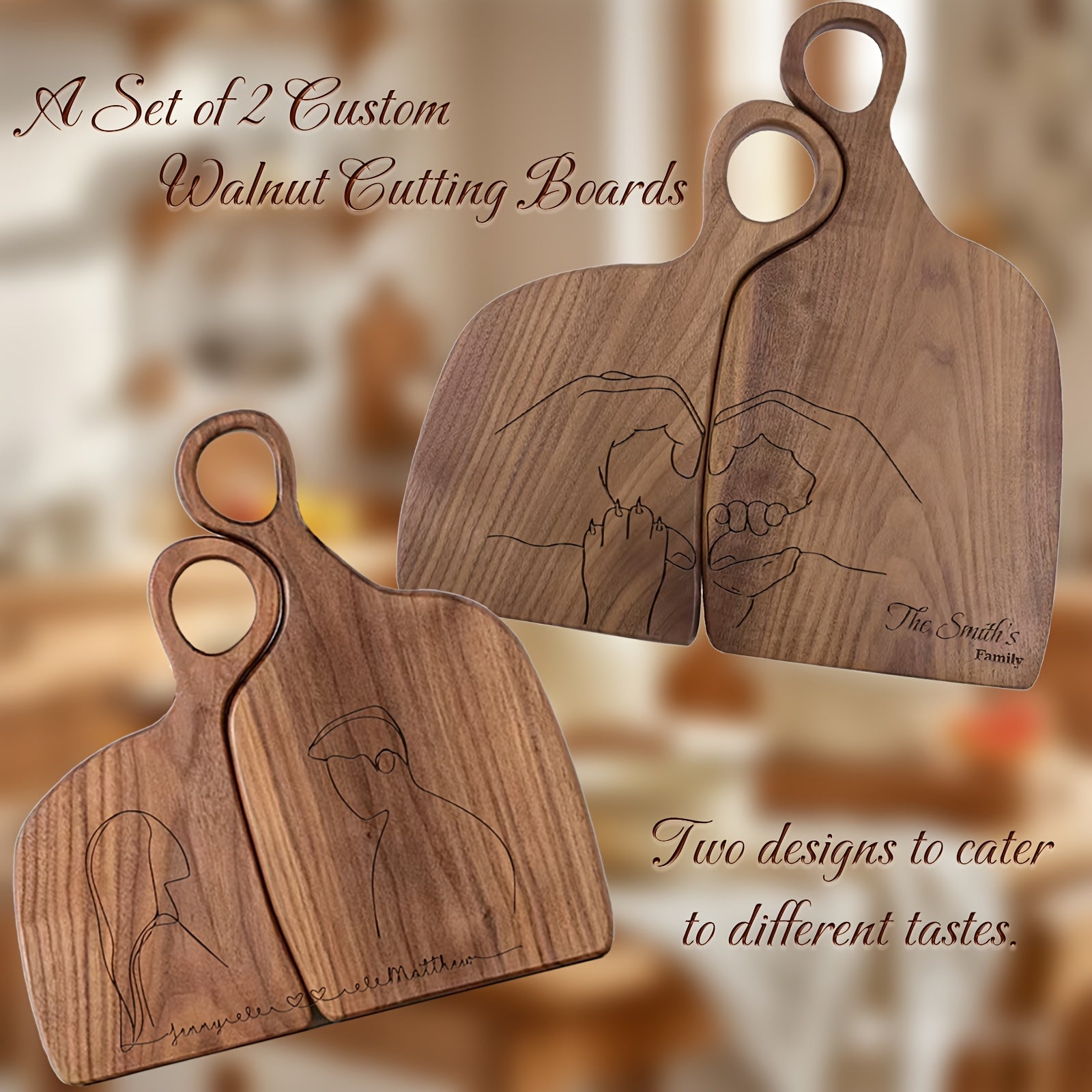 Custom Engraved Walnut Couple Charcuteries Board - Personalized Family Cutting Board - Set of 2pcs Cheese Board with Handle, Serving Food, Fruit - Suitable for Anniversary Gifts, Birthday Gifts, Family Exclusive Gifts, Perfect for Couple
