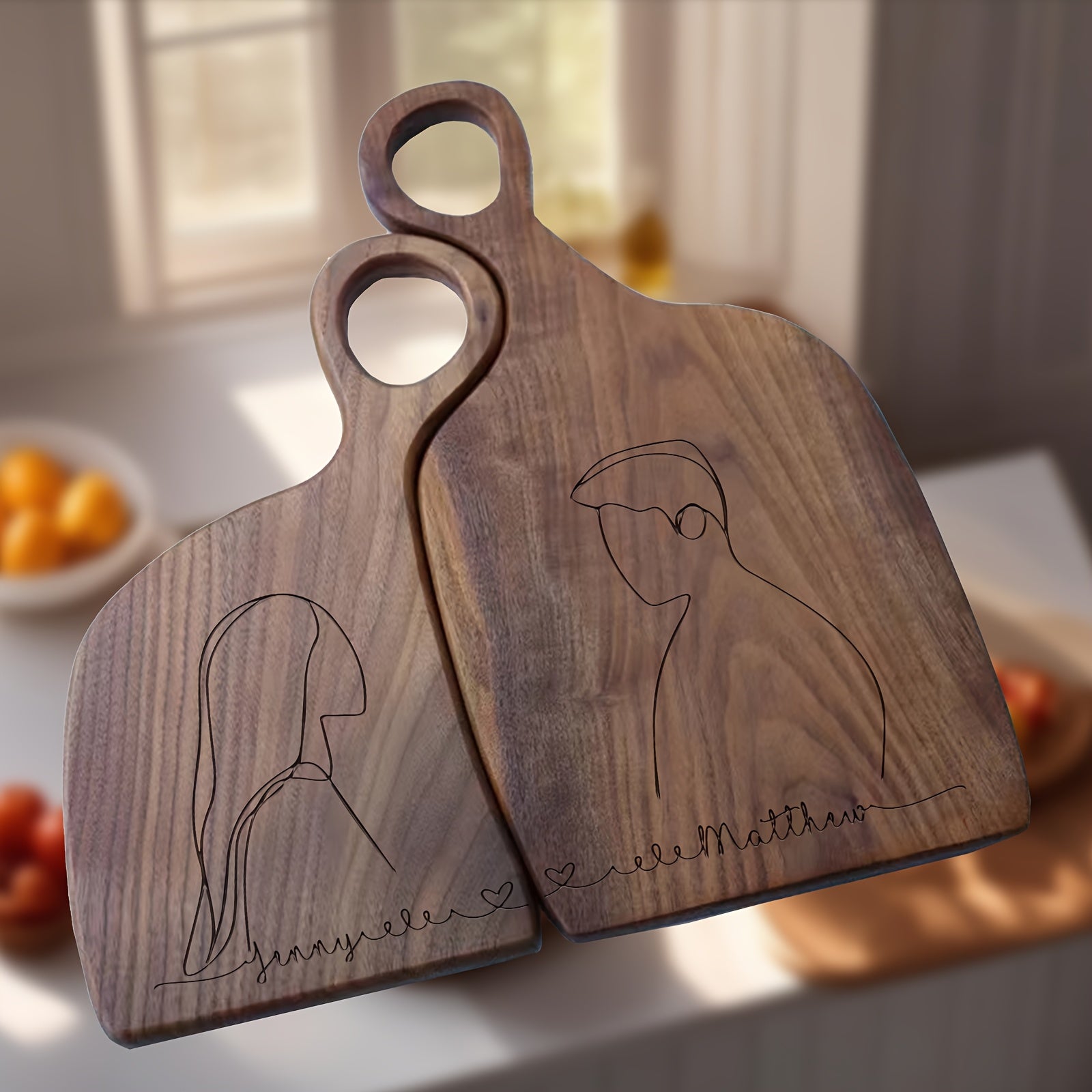 Custom Engraved Walnut Couple Charcuteries Board - Personalized Family Cutting Board - Set of 2pcs Cheese Board with Handle, Serving Food, Fruit - Suitable for Anniversary Gifts, Birthday Gifts, Family Exclusive Gifts, Perfect for Couple