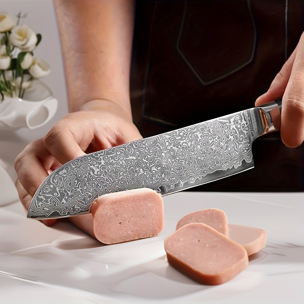 A Versatile Hand-Washable G18 Damascus Santoku Knife with a Black Steel Handle on The 67Th Floor, Suitable for Professional And Amateur Kitchen Use.