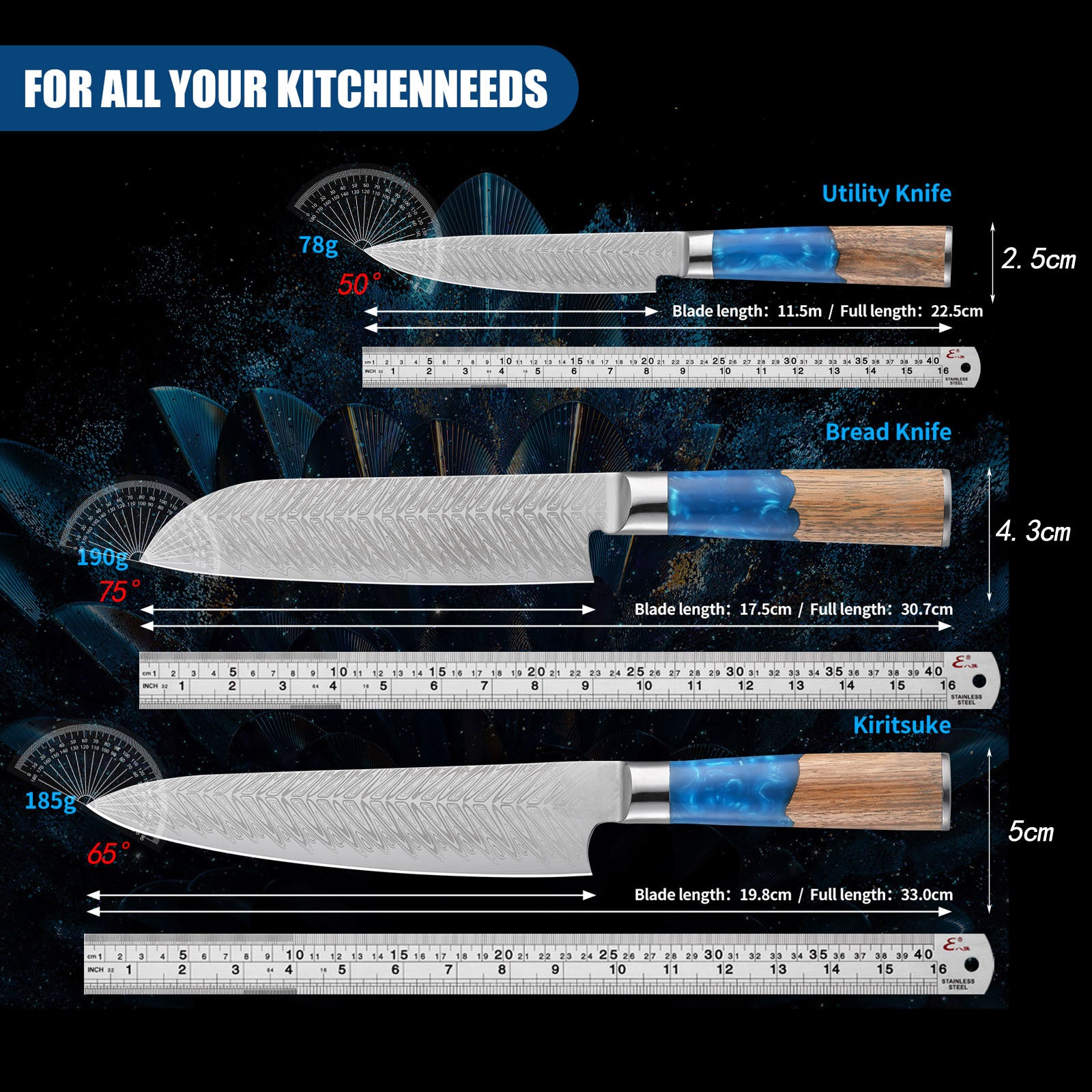 A Premium Stainless Steel Chef'S Knife Designed for Professionals, Featuring an Ergonomic Resin Grip And a Stylish Two-Tone Handle with a Patterned Blade, Ideal for Use in Kitchens, Restaurants, Hotels