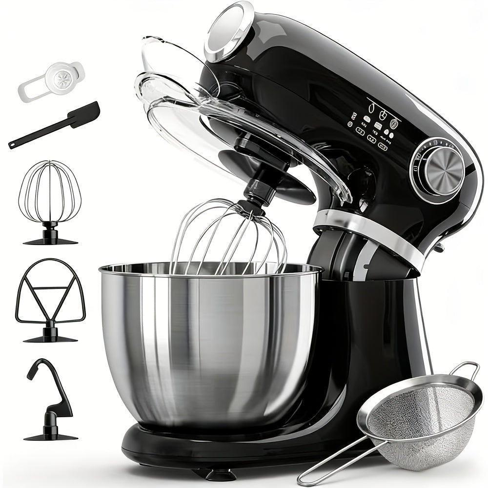 4-in-1 Electric Vertical Mixer, with A Power Of 350 Watts, 12-speed with Pulse Button. Accessories Include 5.5-gallon Stainless Steel Bowl, Mixing Paddle, Dough Hook, Whisk, And A Powerful Baking Mixer Suitable for Cake, Bread, And Dough Preparation.