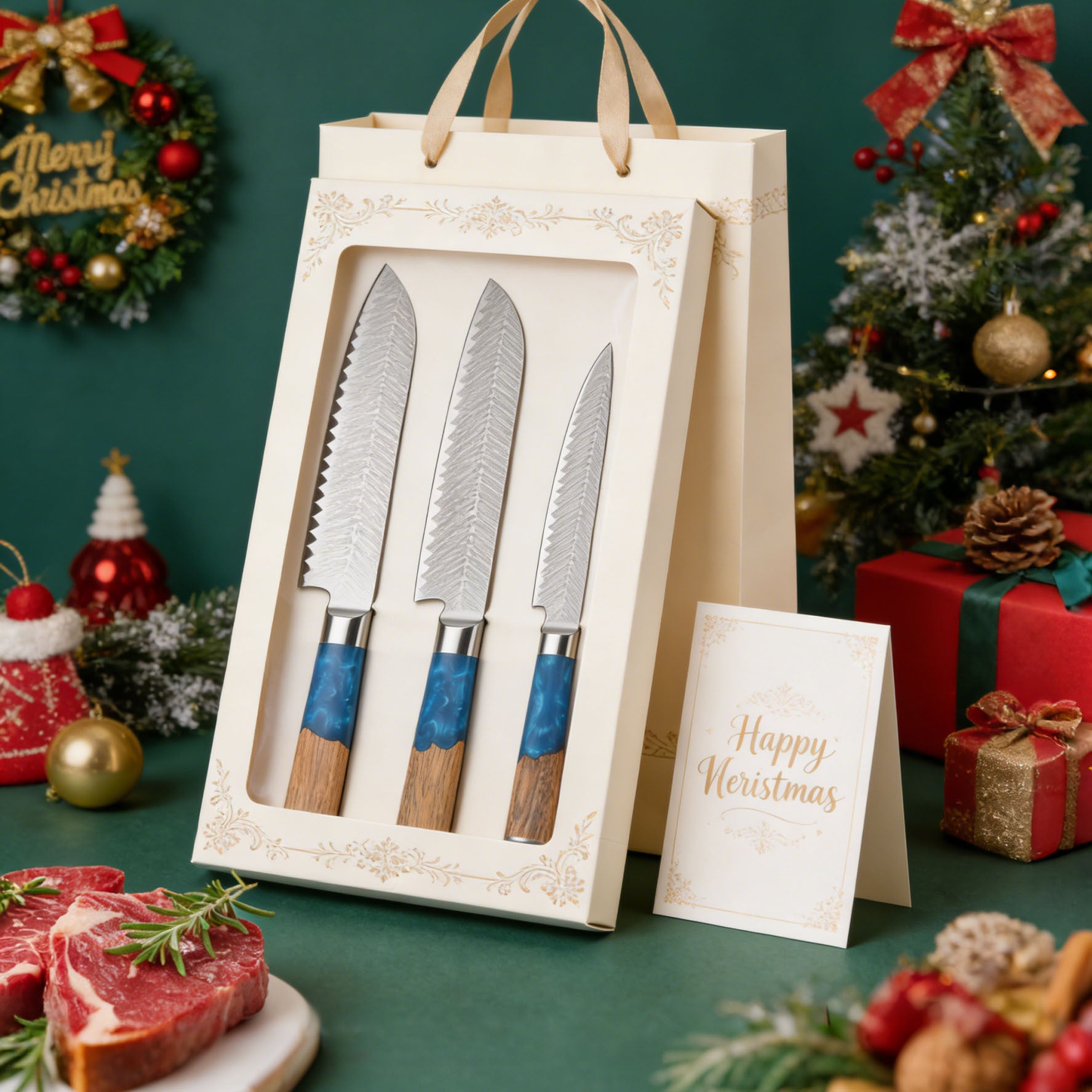 A Premium Stainless Steel Chef'S Knife Designed for Professionals, Featuring an Ergonomic Resin Grip And a Stylish Two-Tone Handle with a Patterned Blade, Ideal for Use in Kitchens, Restaurants, Hotels