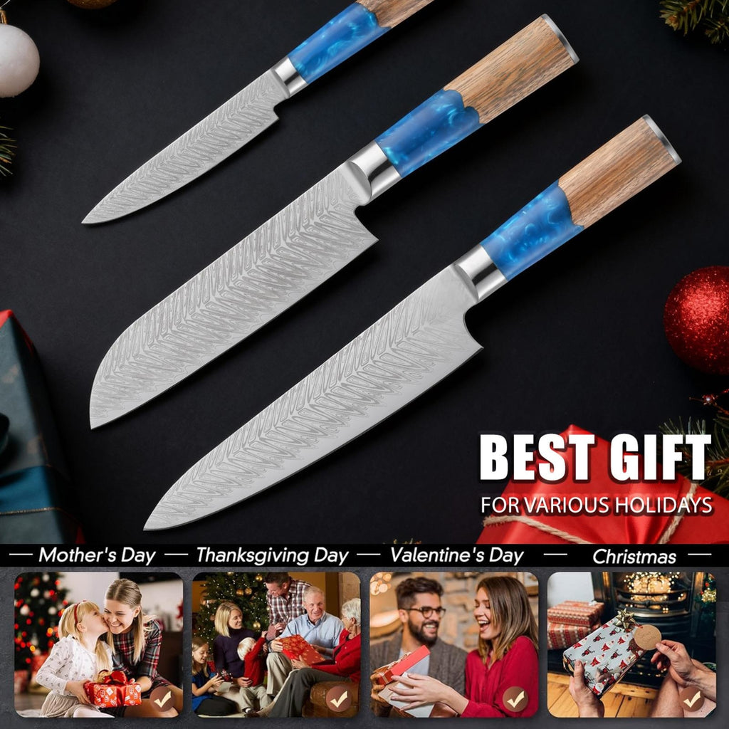 A Premium Stainless Steel Chef'S Knife Designed for Professionals, Featuring an Ergonomic Resin Grip And a Stylish Two-Tone Handle with a Patterned Blade, Ideal for Use in Kitchens, Restaurants, Hotels