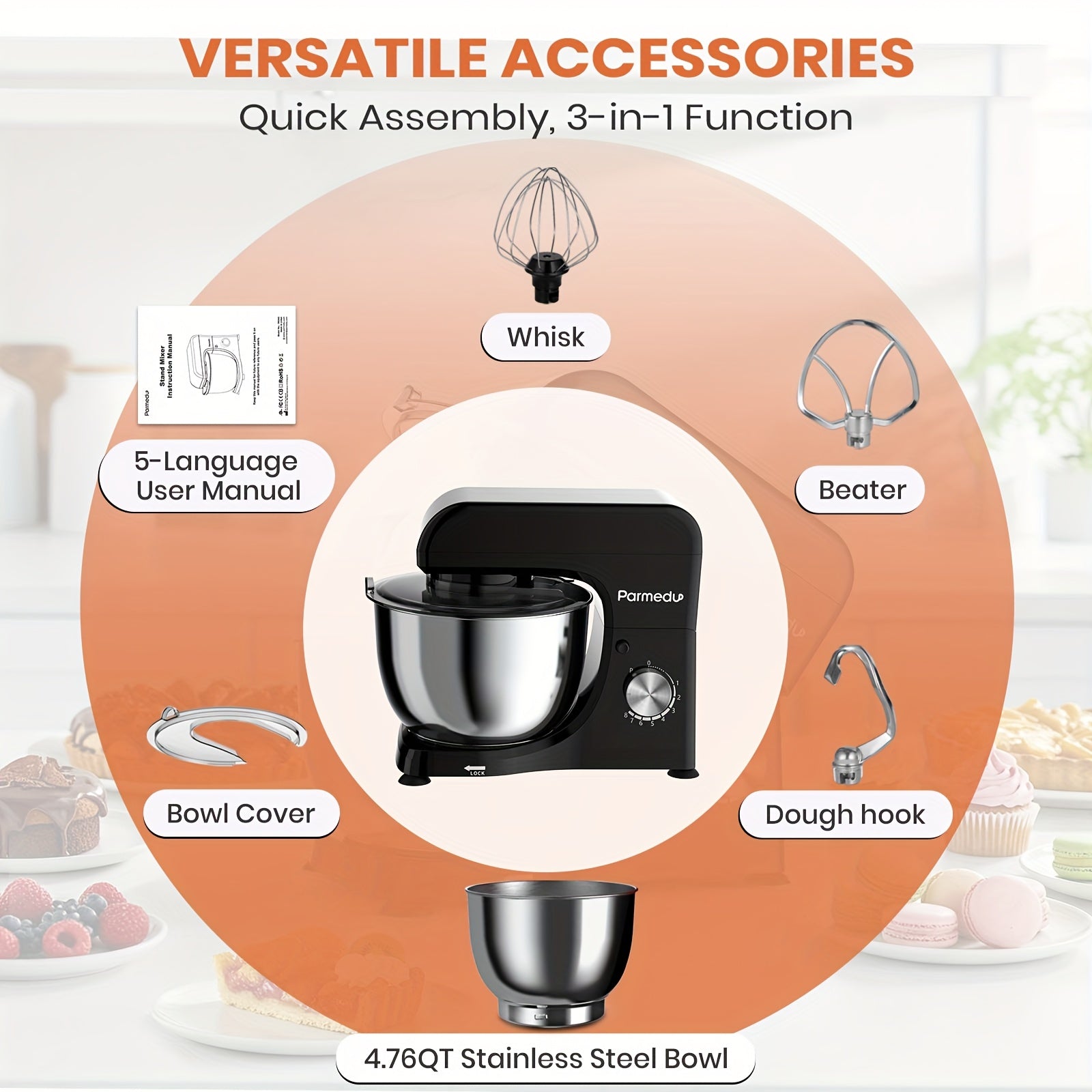 4.76qt Kitchen Machine - Mixer For Baking, Tilt-Head Stand Mixer, 380W, 8 Speeds, With Lid, Whisk, Dough Hook, And Flat Beater | Kitchen Helper For, Delicious Food, Milkshakes, Dough, Egg Beaters, And Salads