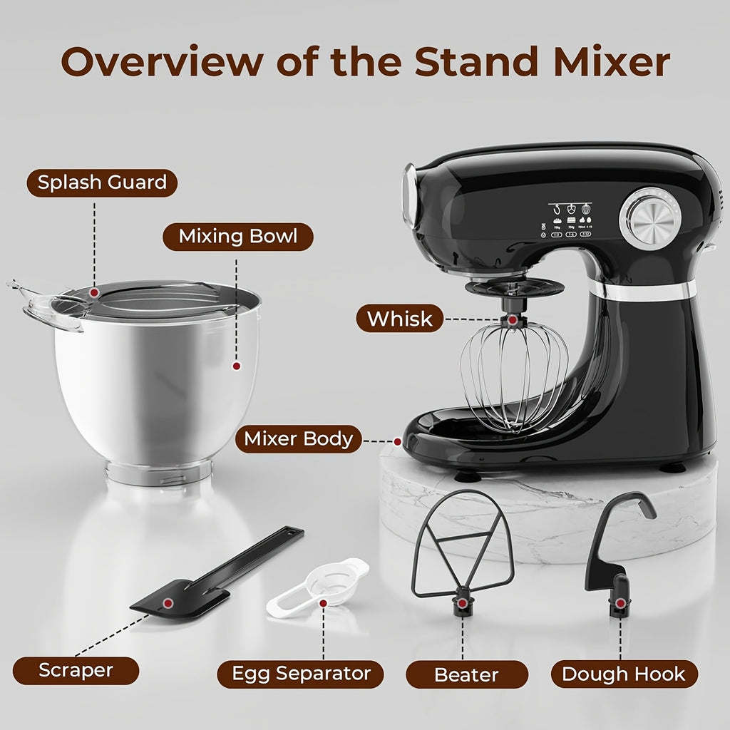 4-in-1 Electric Vertical Mixer, with A Power Of 350 Watts, 12-speed with Pulse Button. Accessories Include 5.5-gallon Stainless Steel Bowl, Mixing Paddle, Dough Hook, Whisk, And A Powerful Baking Mixer Suitable for Cake, Bread, And Dough Preparation.