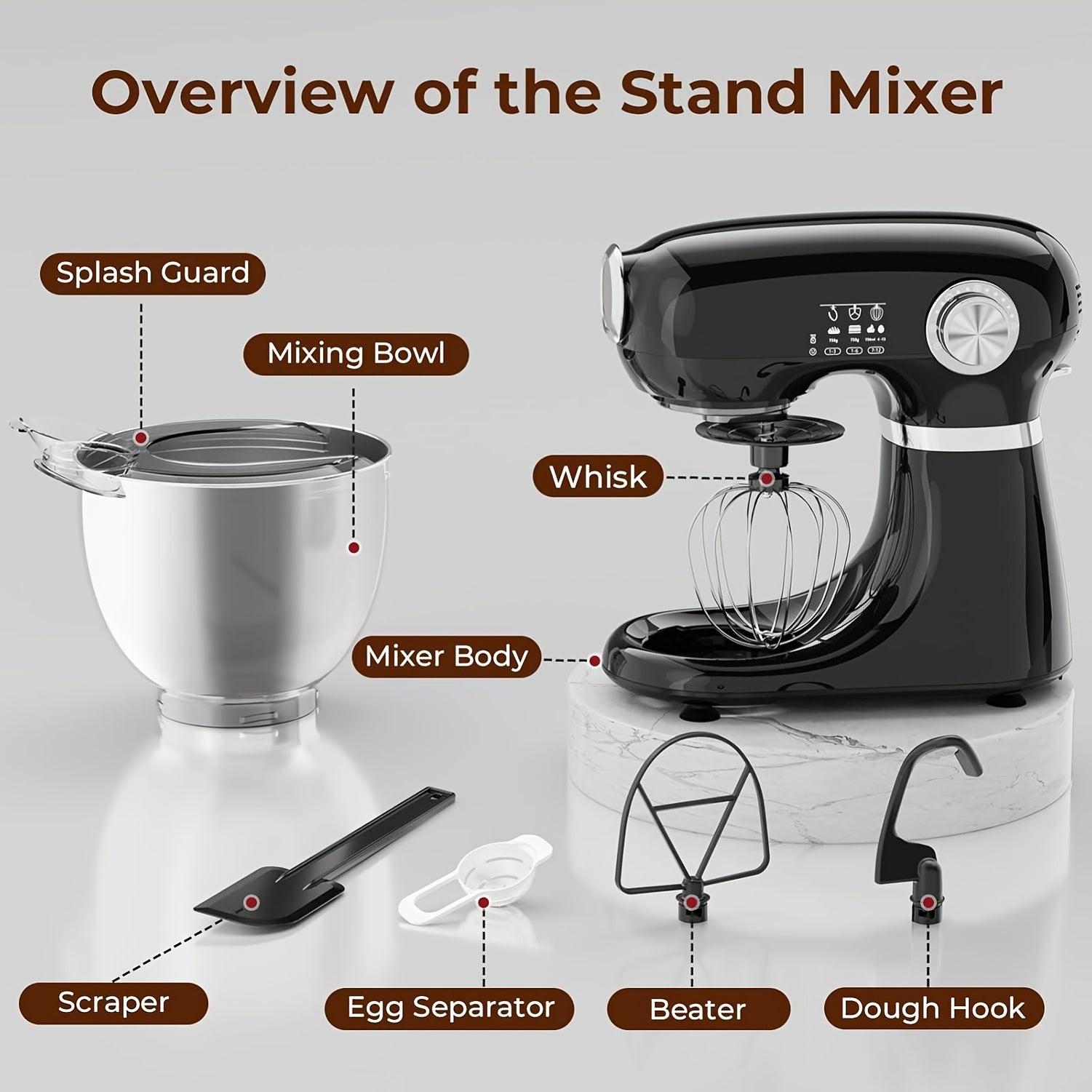 4-in-1 Electric Vertical Mixer, with A Power Of 350 Watts, 12-speed with Pulse Button. Accessories Include 5.5-gallon Stainless Steel Bowl, Mixing Paddle, Dough Hook, Whisk, And A Powerful Baking Mixer Suitable for Cake, Bread, And Dough Preparation.