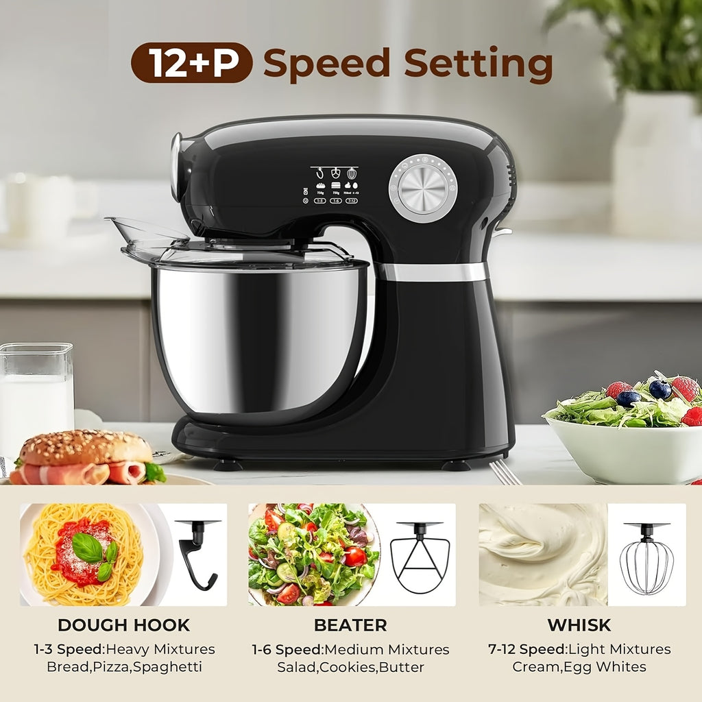 4-in-1 Electric Vertical Mixer, with A Power Of 350 Watts, 12-speed with Pulse Button. Accessories Include 5.5-gallon Stainless Steel Bowl, Mixing Paddle, Dough Hook, Whisk, And A Powerful Baking Mixer Suitable for Cake, Bread, And Dough Preparation.
