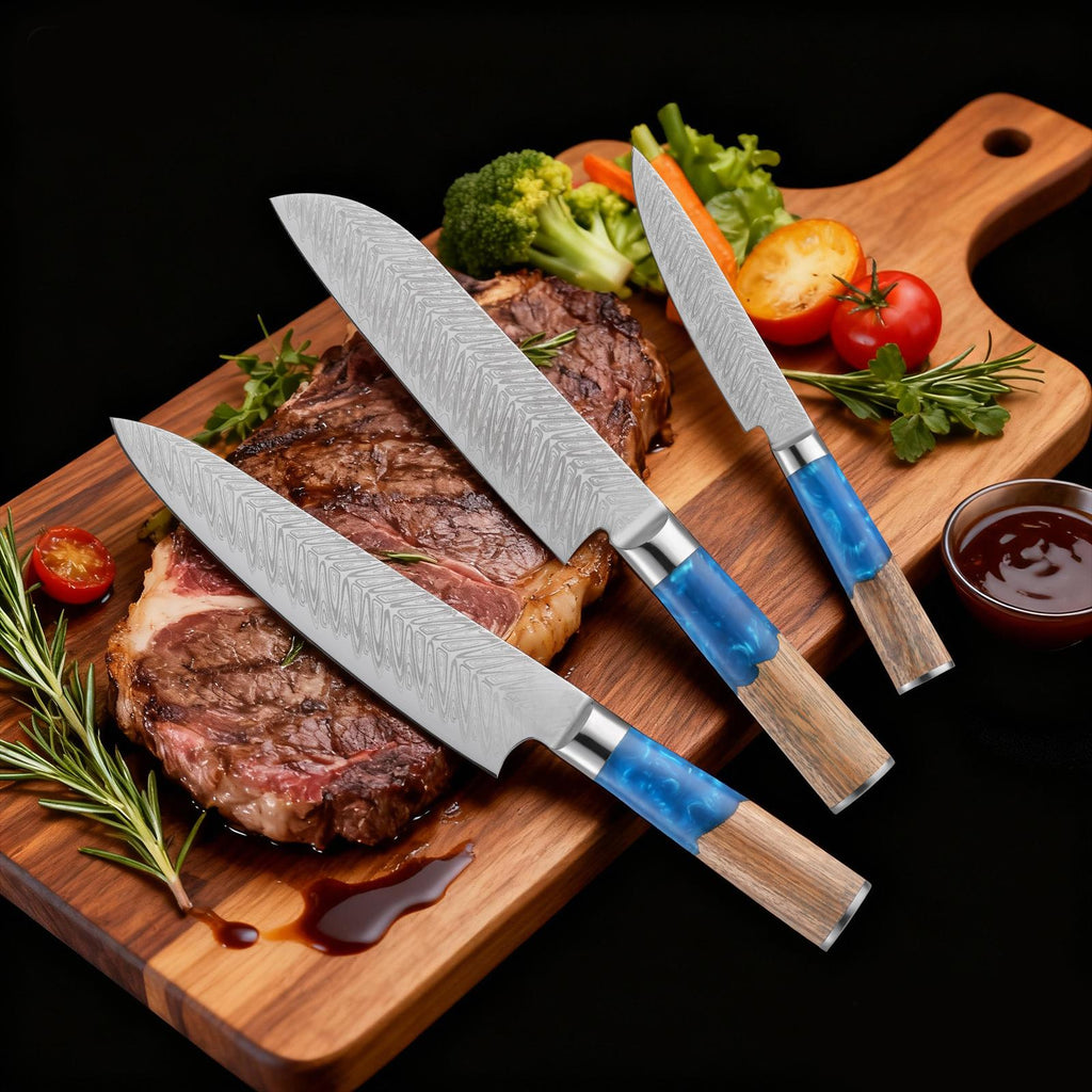 A Premium Stainless Steel Chef'S Knife Designed for Professionals, Featuring an Ergonomic Resin Grip And a Stylish Two-Tone Handle with a Patterned Blade, Ideal for Use in Kitchens, Restaurants, Hotels