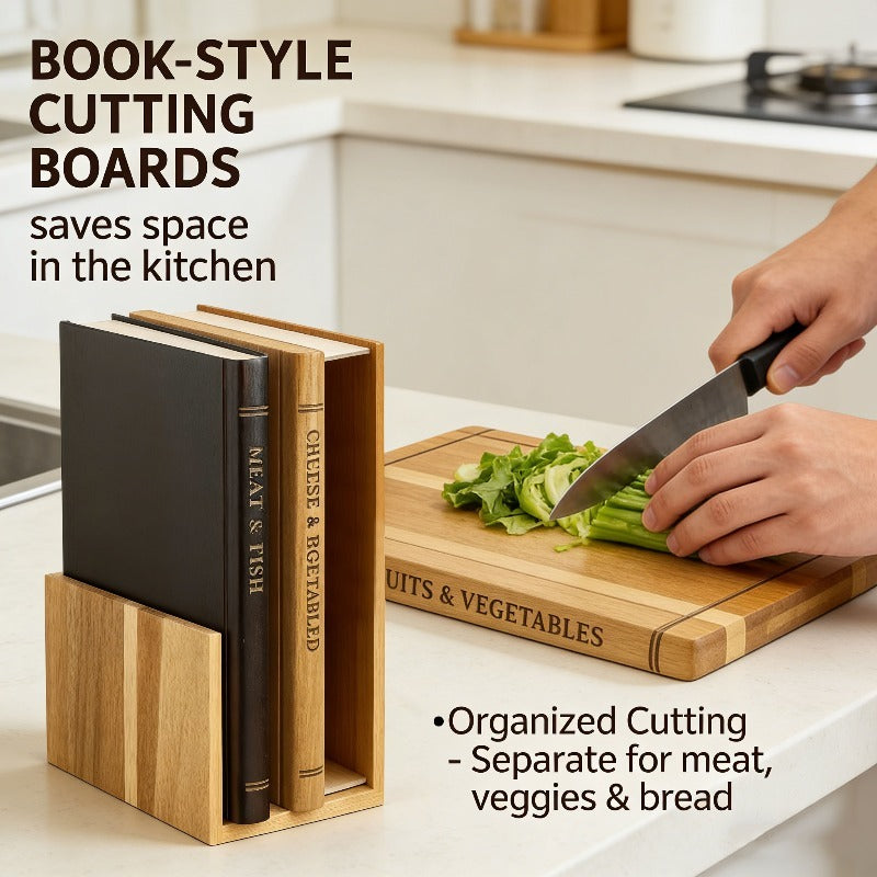 Book Shape Creative Cutting Board | Wooden Cutting Board Set with Stand, Ideal for Kitchen Preparation of Vegetables, Bread, Meat - Easy to Clean and Easy to Use, Contact Safe
