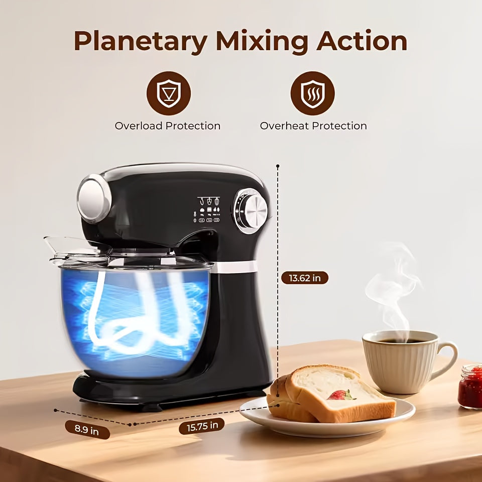 4-in-1 Electric Vertical Mixer, with A Power Of 350 Watts, 12-speed with Pulse Button. Accessories Include 5.5-gallon Stainless Steel Bowl, Mixing Paddle, Dough Hook, Whisk, And A Powerful Baking Mixer Suitable for Cake, Bread, And Dough Preparation.