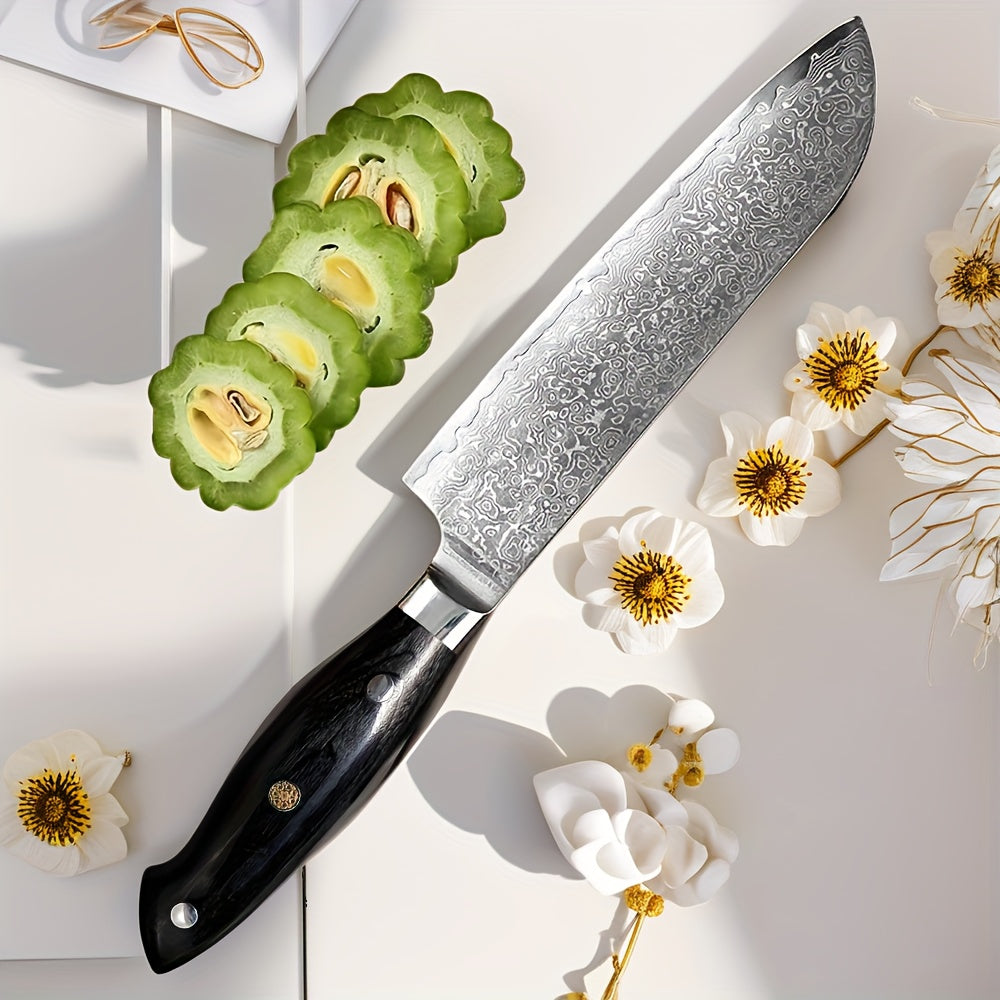 A black three-layer Damascus knife with VG10 high carbon steel, a Japanese precision knife for kitchen and restaurant use.
