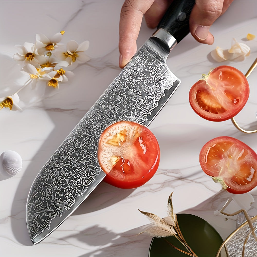 A Versatile Hand-Washable G18 Damascus Santoku Knife with a Black Steel Handle on The 67Th Floor, Suitable for Professional And Amateur Kitchen Use.