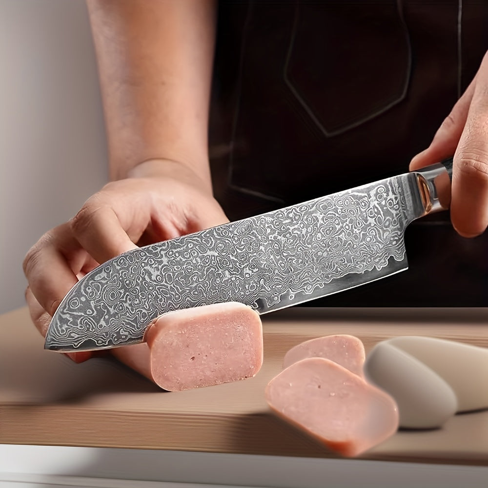 A black three-layer Damascus knife with VG10 high carbon steel, a Japanese precision knife for kitchen and restaurant use.