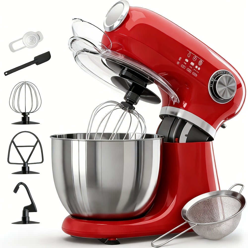 4-in-1 Electric Vertical Mixer, with A Power Of 350 Watts, 12-speed with Pulse Button. Accessories Include 5.5-gallon Stainless Steel Bowl, Mixing Paddle, Dough Hook, Whisk, And A Powerful Baking Mixer Suitable for Cake, Bread, And Dough Preparation.