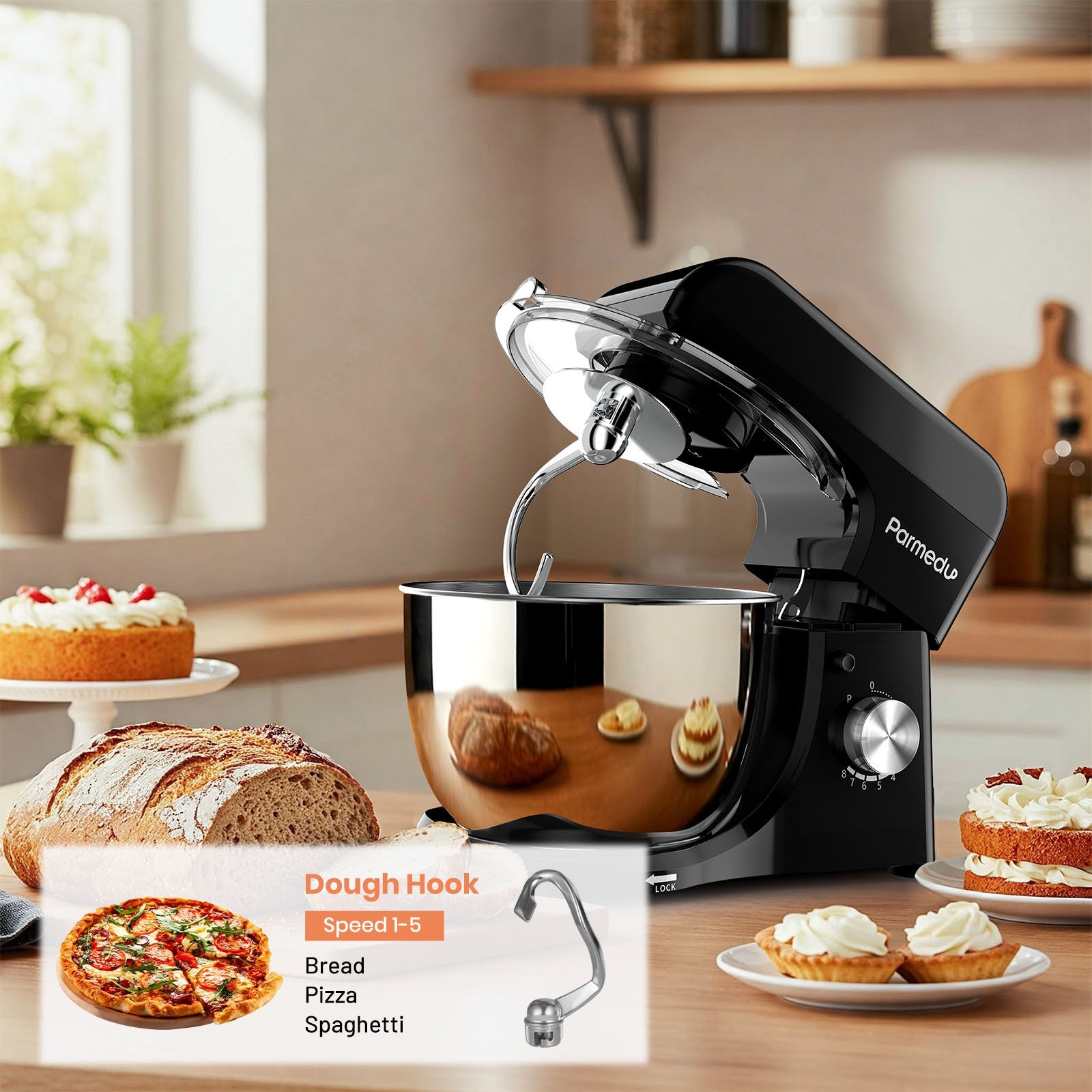 4.76qt Kitchen Machine - Mixer For Baking, Tilt-Head Stand Mixer, 380W, 8 Speeds, With Lid, Whisk, Dough Hook, And Flat Beater | Kitchen Helper For, Delicious Food, Milkshakes, Dough, Egg Beaters, And Salads