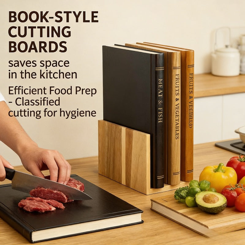 Book Shape Creative Cutting Board | Wooden Cutting Board Set with Stand, Ideal for Kitchen Preparation of Vegetables, Bread, Meat - Easy to Clean and Easy to Use, Contact Safe