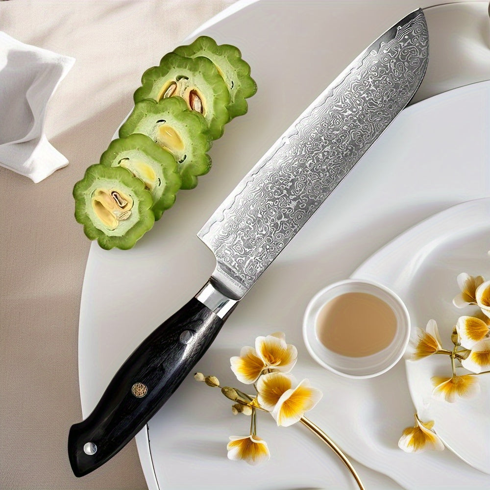 A Versatile Hand-Washable G18 Damascus Santoku Knife with a Black Steel Handle on The 67Th Floor, Suitable for Professional And Amateur Kitchen Use.