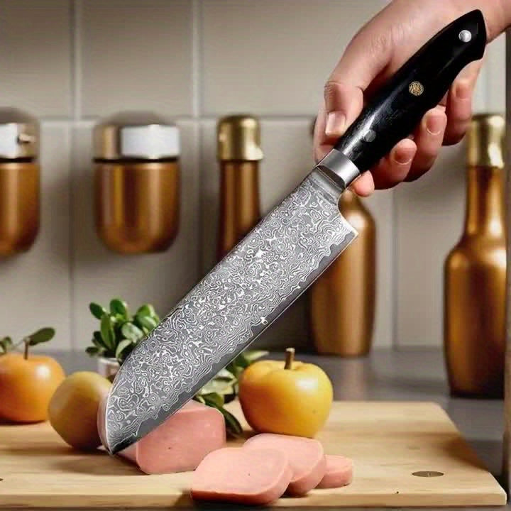 A black three-layer Damascus knife with VG10 high carbon steel, a Japanese precision knife for kitchen and restaurant use.