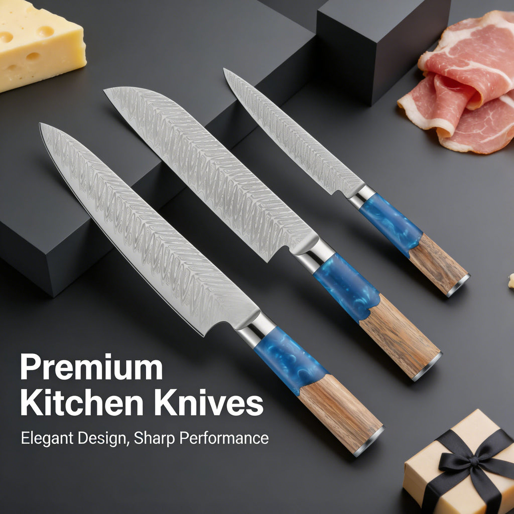 A Premium Stainless Steel Chef'S Knife Designed for Professionals, Featuring an Ergonomic Resin Grip And a Stylish Two-Tone Handle with a Patterned Blade, Ideal for Use in Kitchens, Restaurants, Hotels