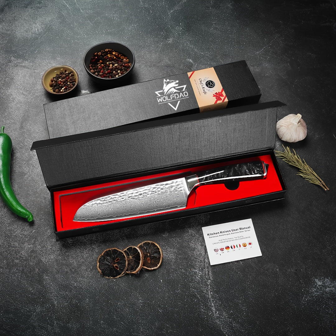 VG-10 Steel Core 67-Layer Damascus Santoku Knife | Professional Chef's Knife | Non-Slip Resin Handle All-Purpose Kitchen Knife + Gift Box