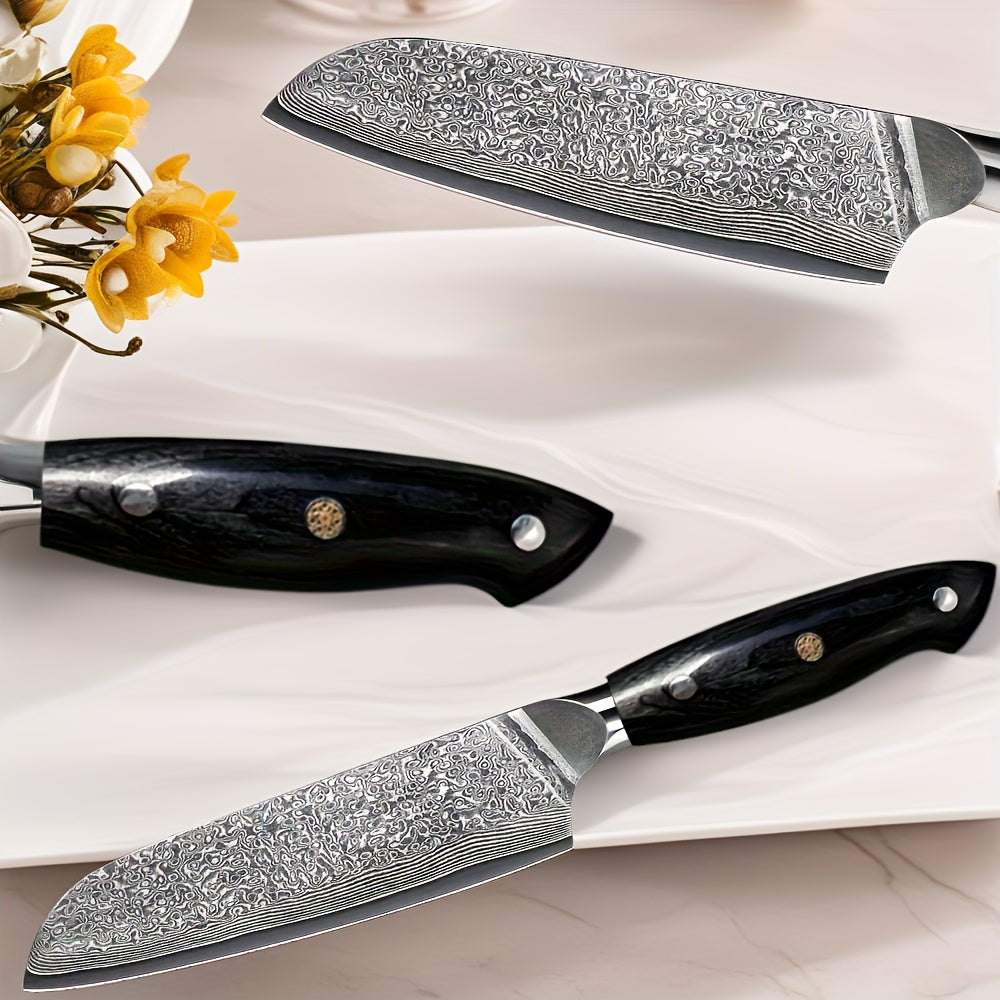 A Versatile Hand-Washable G18 Damascus Santoku Knife with a Black Steel Handle on The 67Th Floor, Suitable for Professional And Amateur Kitchen Use.