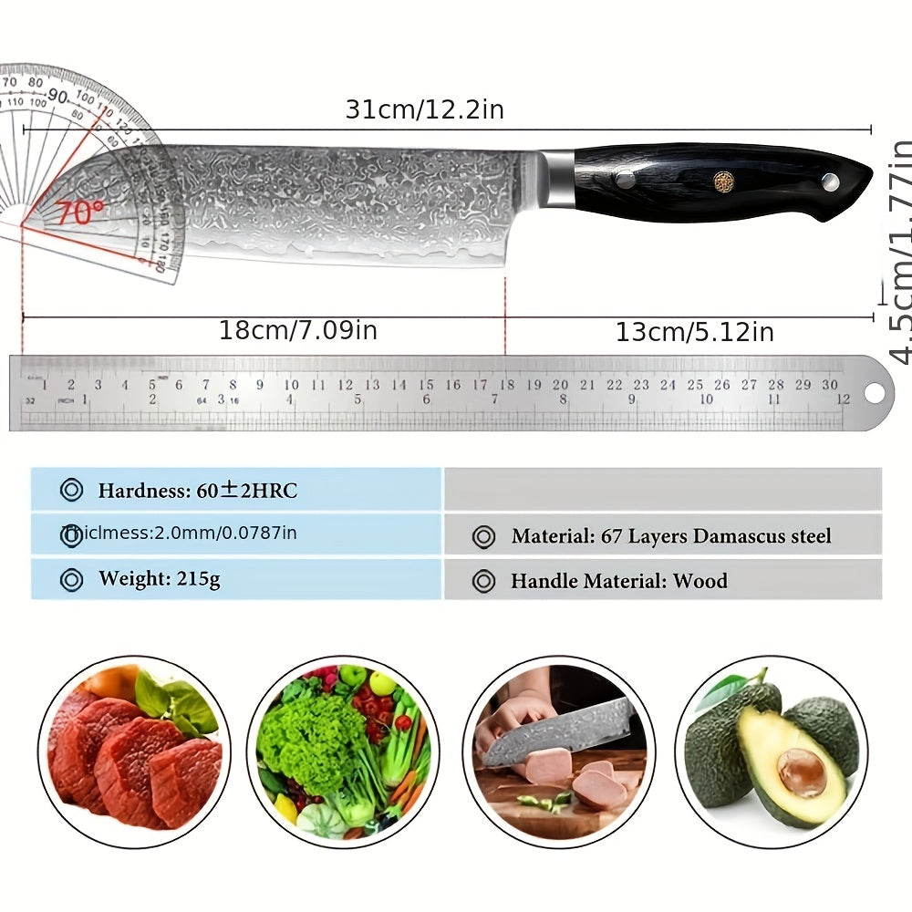 A Versatile Hand-Washable G18 Damascus Santoku Knife with a Black Steel Handle on The 67Th Floor, Suitable for Professional And Amateur Kitchen Use.
