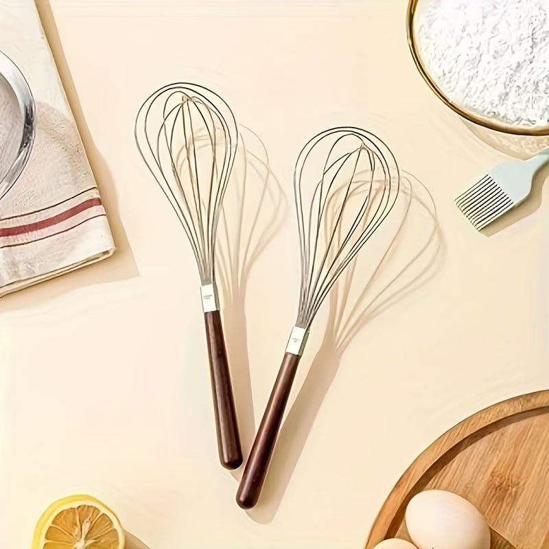 2pcs Manual Egg Beater with Wooden Handle & Stainless Steel Whisk - Handheld Mixer Suitable for Baking, Cakes, Meringues, Whipped, - Mixing Device