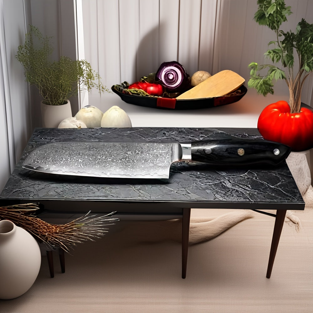 A black three-layer Damascus knife with VG10 high carbon steel, a Japanese precision knife for kitchen and restaurant use.