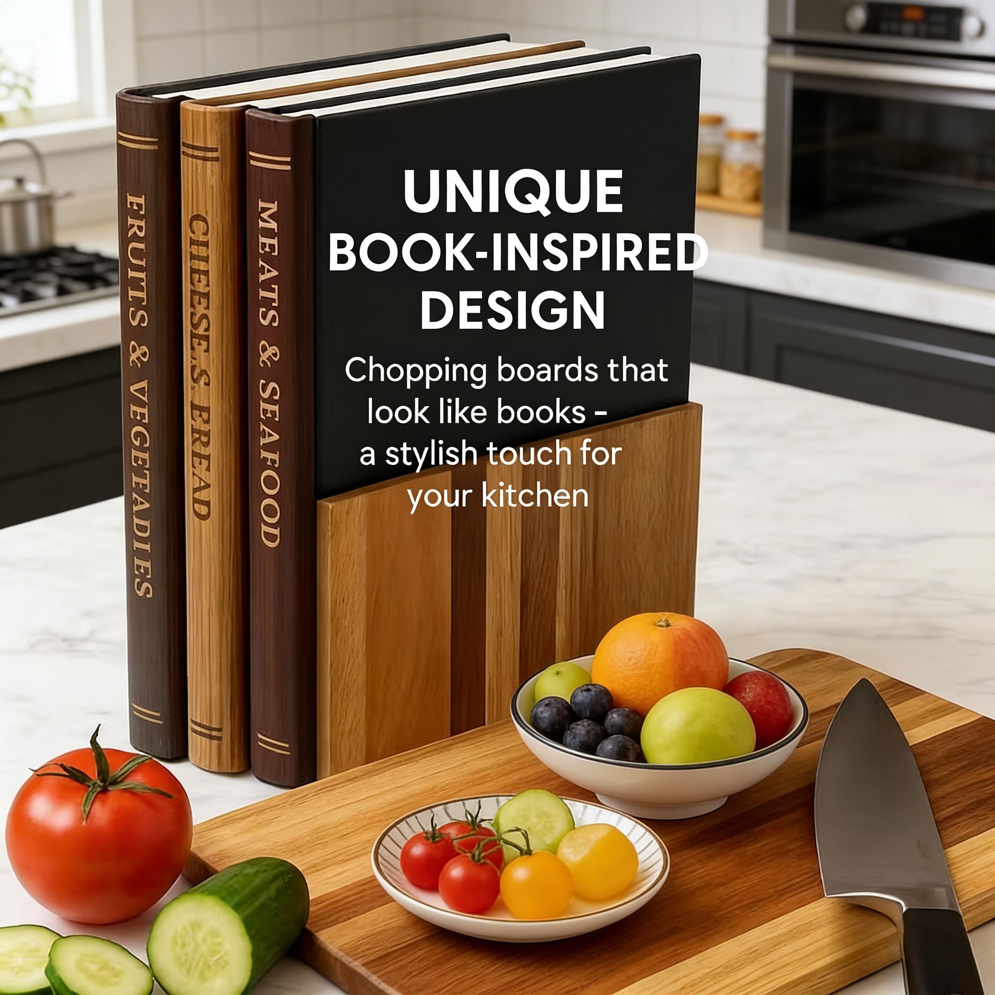 Book Shape Creative Cutting Board | Wooden Cutting Board Set with Stand, Ideal for Kitchen Preparation of Vegetables, Bread, Meat - Easy to Clean and Easy to Use, Contact Safe